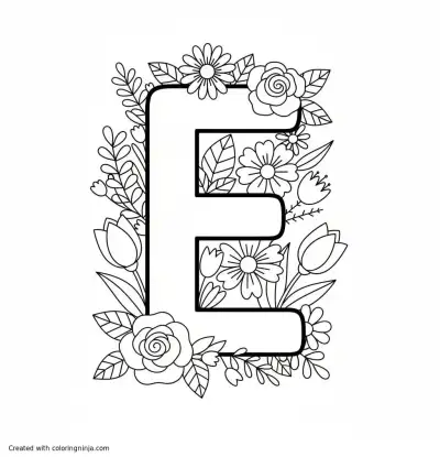 A coloring page of an "E" with realistic flowers around it
