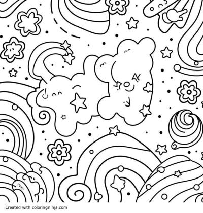 A coloring page of Easy satisfying pattern for children, swirls, flowers, rainbows, and stars, clean line art only, white background