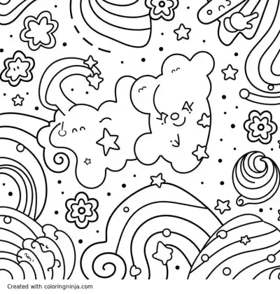 A coloring page of Easy satisfying pattern for children, swirls, flowers, rainbows, and stars, clean line art only, white background