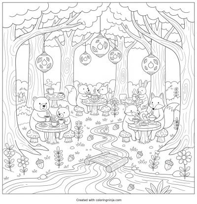 A coloring page of An enchanted forest café where woodland creatures sip coffee under hanging lanterns.