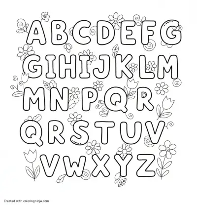 A coloring page of entire alphabet with some flowers around