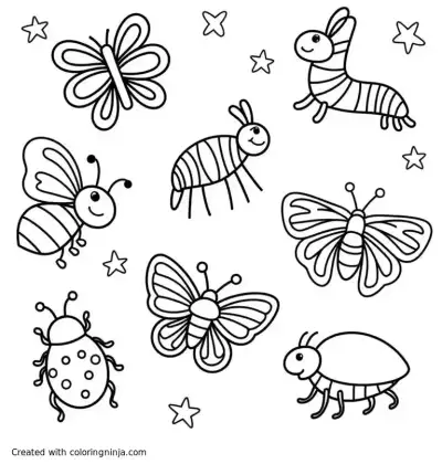 A coloring page of eye spy coloring page featuring bees, caterpillars, butterflies, ladybugs, grasshoppers, dragonflies