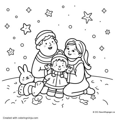 A coloring page of Family at Christmas time
