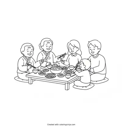 A coloring page of A family gathered around a low table enjoying a traditional Korean meal (like kimchi, rice, and bulgogi). Description: “In Korea, family meals are a cherished time to connect. Elders are deeply respected, and traditions are passed down through shared stories and food.”
