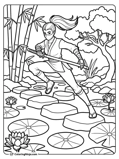 Ponytail Ninja Garden Leap Coloring Page