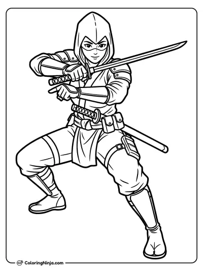 Female Ninja Warrior in a Fighting Stance Coloring Page