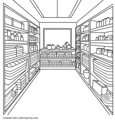 A coloring page of a food pantry
