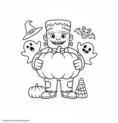 A coloring page of frankestein with halloween sign