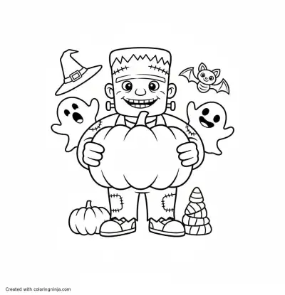A coloring page of frankestein with halloween sign