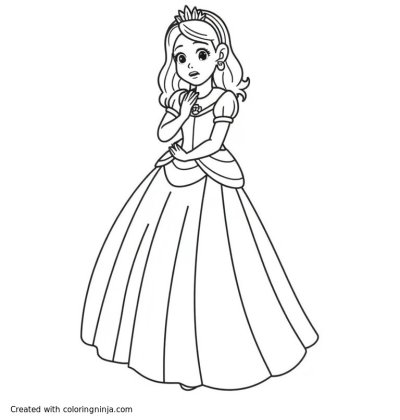 A coloring page of full body realistic princess character with concerned/dismayed/frightened expression twirling to face opposite direction, hands clasped to chest, mouth slightly open, minimal background, side view, in Anime Manga Line Art style