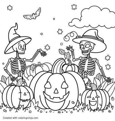 A coloring page of A fun Halloween fair with pumpkins and skeletons enjoying a crisp fall day

