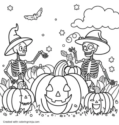 A coloring page of A fun Halloween fair with pumpkins and skeletons enjoying a crisp fall day

