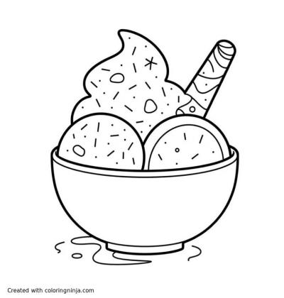 A coloring page of a fun and whimsical bowl of ice cream with sprinkles