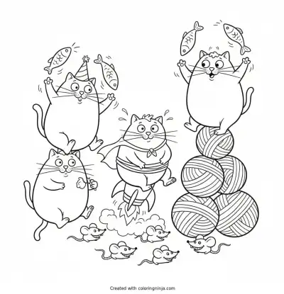 A coloring page of funny cats