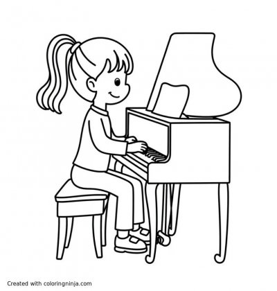 A coloring page of A girl is playing the piano.