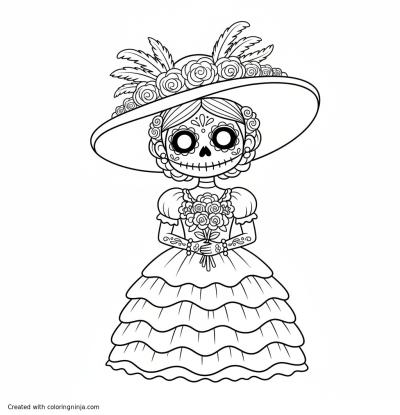 A coloring page of girl in La Catrina costume for halloween