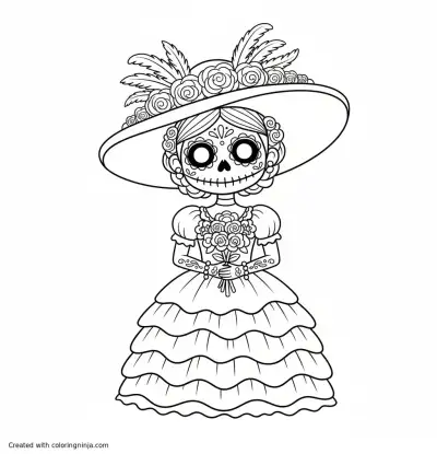 A coloring page of girl in La Catrina costume for halloween