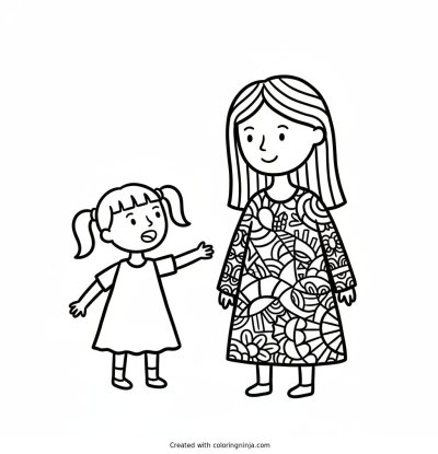 A coloring page of a girl talking to an adult