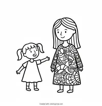A coloring page of a girl talking to an adult