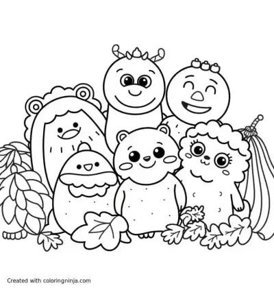 A coloring page of A group of cute monsters posing for a group photo.