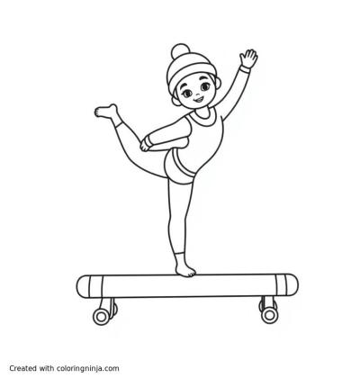 A coloring page of Gymnast on Balance Beam Winter theme