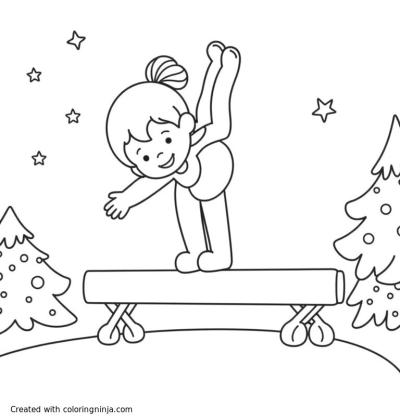 A coloring page of Gymnast with Winter background balance beam uneven bars rings