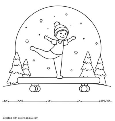 A coloring page of Gymnast with Winter background balance beam
