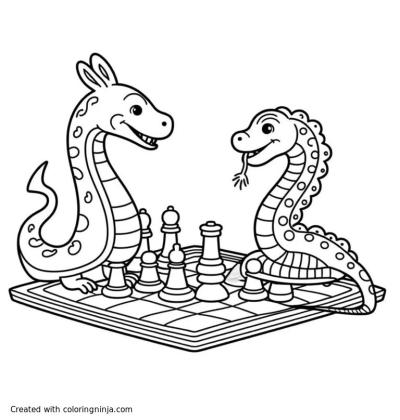A coloring page of half snake half scorpio playing chess