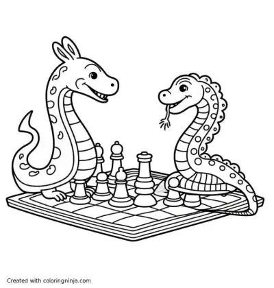 A coloring page of half snake half scorpio playing chess