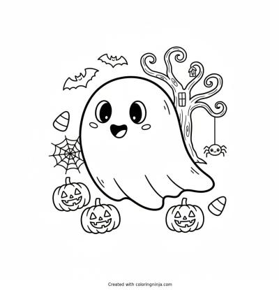 A coloring page of halloween cute ghost