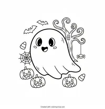 A coloring page of halloween cute ghost