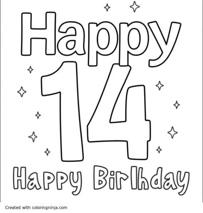 A coloring page of Happy 14th birthday