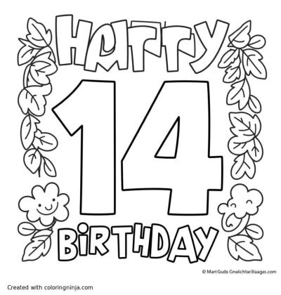 A coloring page of Happy 14th birthday