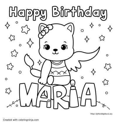 A coloring page of Happy birthday coloring page for a kid named "MARIA"