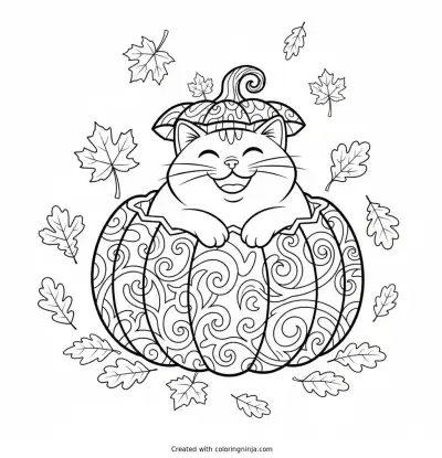 Playful Kitten in a Pumpkin Coloring Page