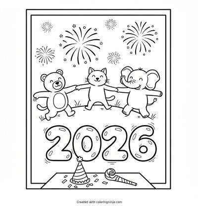 A coloring page of Happy New Year 2026