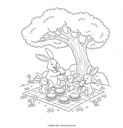 Rabbit Family Picnic Under Tree Coloring Page
