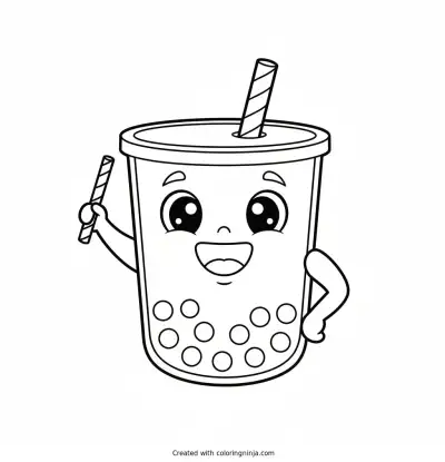 Sweet Smiling Boba Milk Tea Coloring Page