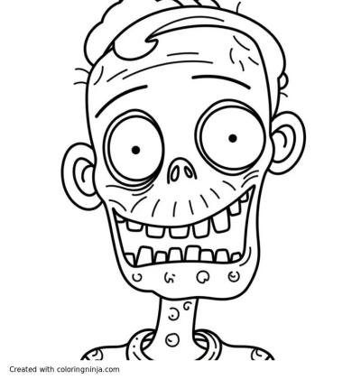 A coloring page of A happy zombie with big teeth.