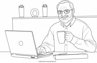A coloring page of Hide the Pain Harold at His Computer