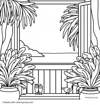 A coloring page of a highly detailed tropical scene from a bedroom balcony
