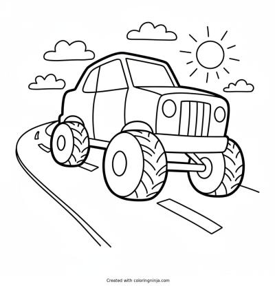 A coloring page of Huge masive car on the road