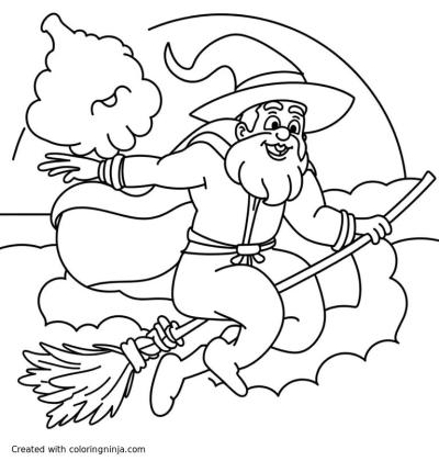 A coloring page of a hunky gay witch man,with an extra large hat and flowy cape, flying on a broom in a cloudy full moon night sky 