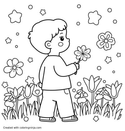 A coloring page of I see beauty around me	Veo belleza a mi alrededor	A child looking at flowers and stars