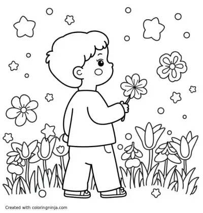 A coloring page of I see beauty around me	Veo belleza a mi alrededor	A child looking at flowers and stars