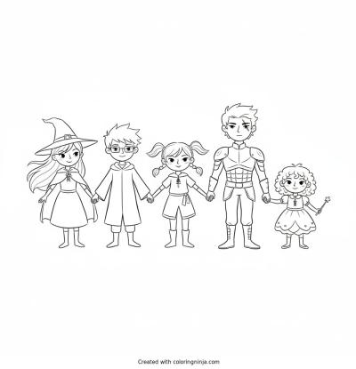 A coloring page of I want the characters for witchlings the book I want them all to look like mow they look in the sea witch prophecy, but I want them holding hands together don't mess up please and please make it realistic like the book
