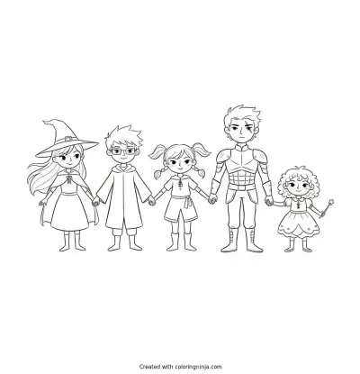 A coloring page of I want the characters for witchlings the book I want them all to look like mow they look in the sea witch prophecy, but I want them holding hands together don't mess up please and please make it realistic like the book
