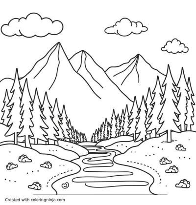 A coloring page of I would like an outdoor, mountain, river, trees adult coloring page with the “Psalm 121:1-2 I lift up my eyes to the mountains—where does my help come from? My help comes from the Lord, the Maker of heaven and earth.” written on it