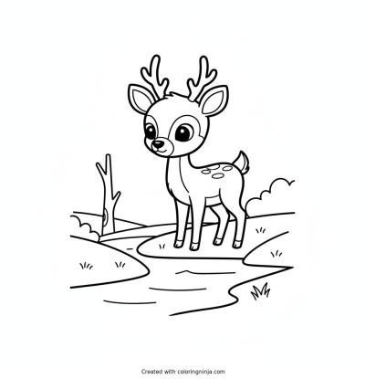 A coloring page of Illustrate a deer standing near a quiet riverbank, nature-inspired line drawing, minimal environmental lines, bold outlines, no shading.