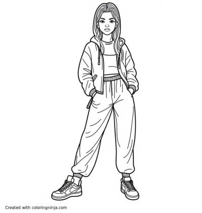 A coloring page of Image of a female in streetwear clothes, blend of hip-hop, and sporty influences. She’s urban, trendy. The background should be simple and not too busy, but in the same format. It should be only in black outline, for colouring page like an illustration